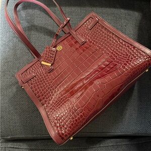 Elegant Burgundy Crocodile-Embossed Tote